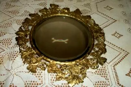 Antique French Bronze Brass Ormolu Mirror Beveled Glass Metal Back Grapes Leaves