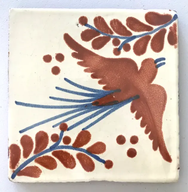 Mexican Tile Glazed Ceramic Hand Painted Bird Flying Terra Cotta & Blue 5.75"
