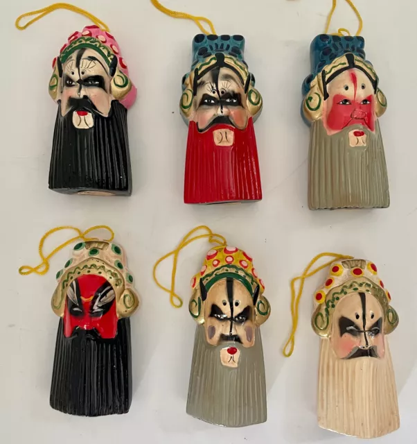 Set of 6 Miniature Peking Chinese Hand Painted Clay Opera Masks Ornaments Vtg