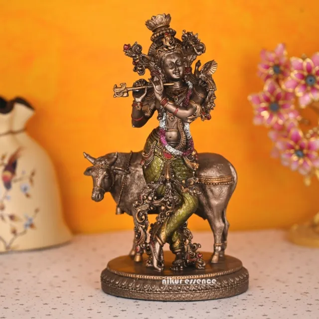 Krishna with cow Statue, 28 cm Bonded Bronze Krishna cow Sculpture, Hindu Divine