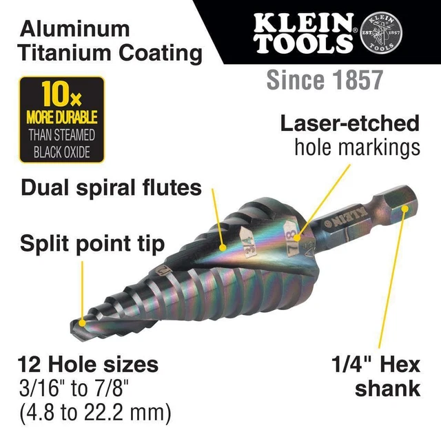 #14 3/16 In. To 7/8 In. Step Drill Bit, Impact Shaft, Double Spiral Flute 2