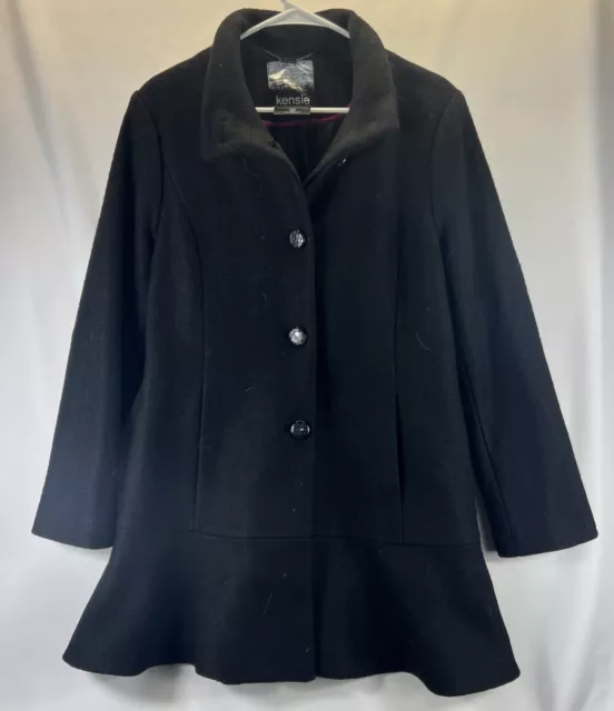 Kensie Women's Black Wool Blend Long Sleeve Button Up Collared Peacoat Size XL