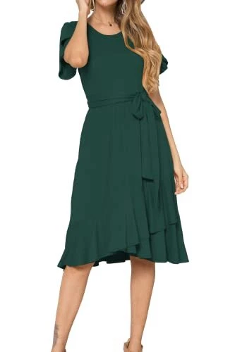 levaca Women Casual Flowy Ruffle Knee Midi Length Work Dress Green M