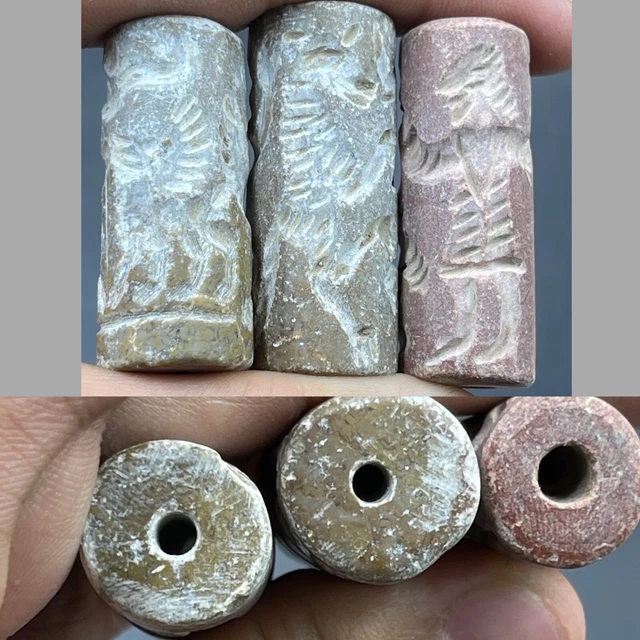 Great Deal 3 Pieces Near Eastern Ancient Jasper Intaglio Cylinder Seal Old Beads