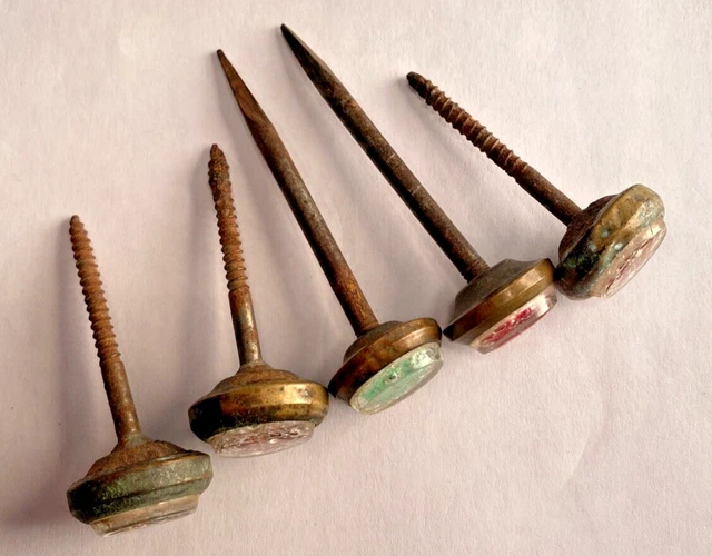 5 Antique Victorian Glass Brass Pinwheel Floral Picture Hangers Curtain Tie Back 3