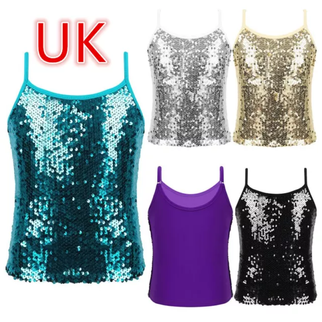 UK Girls Sparkly Sequins Adjustable Straps Tank Top Ballet Dance Vest Dancewear