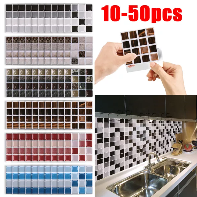 50pcs Mosaic Tile Stickers Stick Bathroom Kitchen Home Wall Decal Self-adhesive