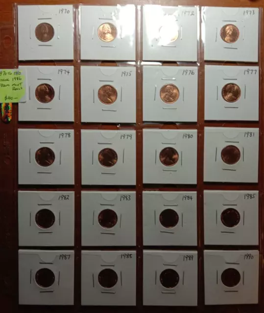 1970 TO 1990 1c Australian One Cent Collection From Mint rolls (Missing 1986)