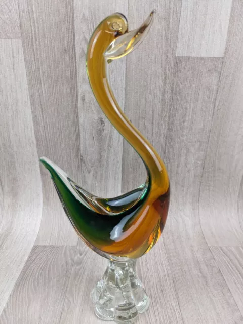 Vintage Murano Art Glass Green And Yellow Large Swan Duck figurine 30cm Tall