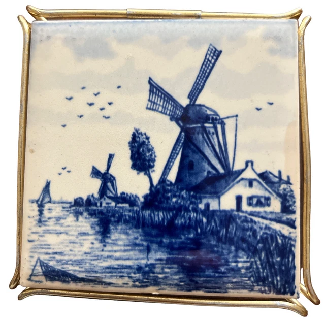 VINTAGE BLUE WHITE DELFT DUTCH TILE TRIVET  WINDMILL METAL FRAME 50’s-60’s