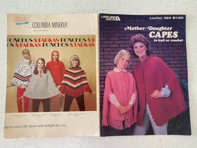 Lot of 2 Vintage Crochet Knit Poncho Designs Mother Daughter Capes Leisure Arts