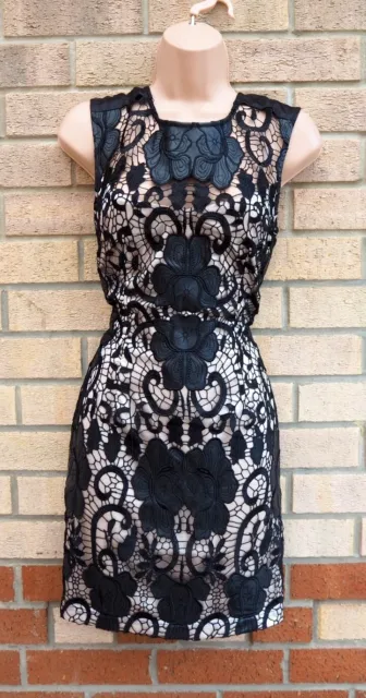 Lipsy Black Nude Floral Lace Crochet Satin Tie Back Bodycon Party Dress 10 S