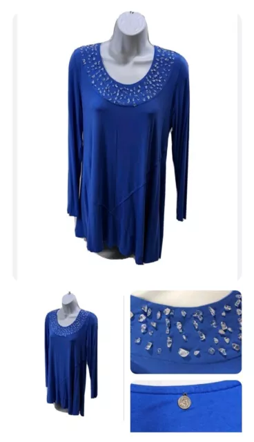 Soft Surroundings Blue Beaded Tunic Top Womens M Long Sleeve Pullover