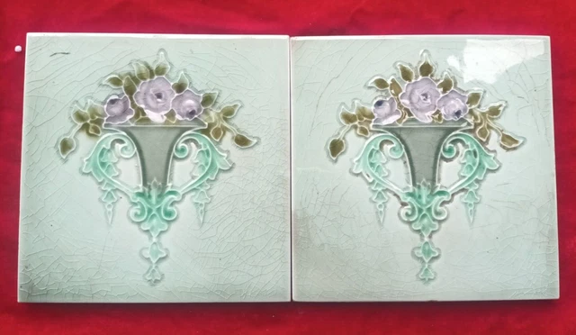 2 Pieces Old Art Deco Floral Design Embossed Majolica Ceramic Tiles England 0414