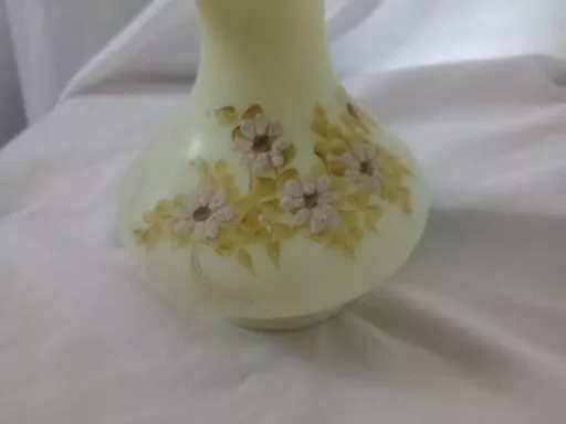 Stunning Fenton Ruffled Edge Custard Satin Uranium Vase Hand Painted/Signed