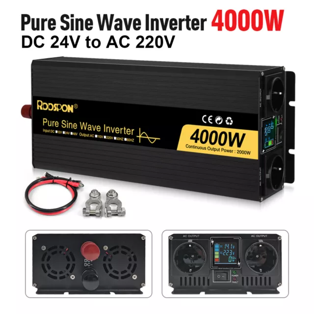 4000W Convertisseur DC 24V to AC 220V Chargeur Batterie Pur Sinus Power Onduleur