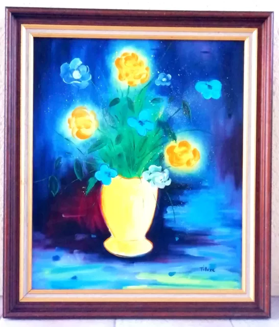 Vase De Fleurs Dans La Nuit - Huile Sur Toile De Tiluxe + Cadre