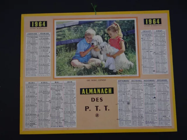 Calendrier Almanach 1964 chien dog cane PTT calendar France calendario Kalender