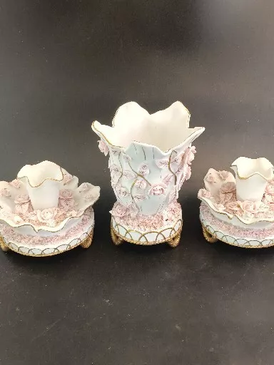 Antique Set of 3 Porcelain Footed Candlestick Holders &  Vase Pink Roses & Gold