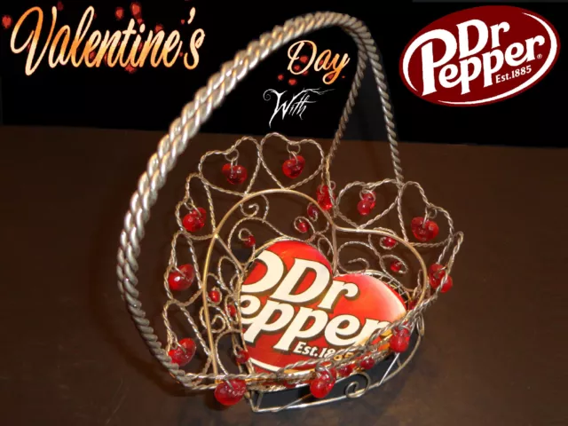 DR PEPPER Valentines Handmade FOLK-ART Wire BASKET w/ RED Plastic Hearts & Beads