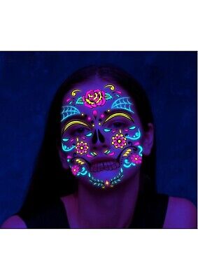 Día de los Muertos, tatuaje de temperatura facial fluorescente de Halloween || BRILLANTE || Halloween