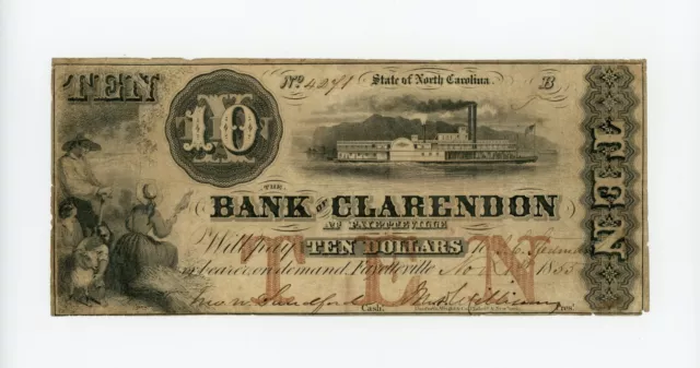 1855 $10 The Bank of Clarendon - Fayetteville, NORTH CAROLINA Note