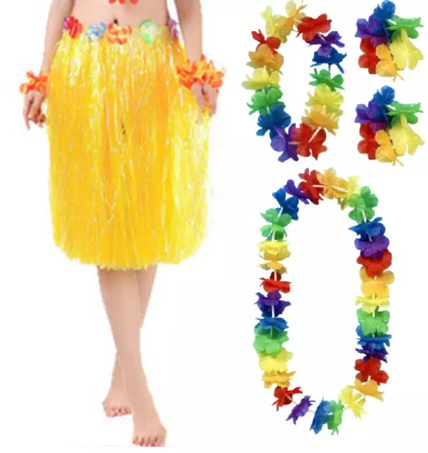 Hawaiian Lei Hula 60cm Yellow Grass Skirt & 4 Piece Flower Garland Adult Set