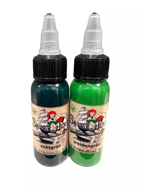 (766,17€/L) SAILOR JERRY FARBSET -Grün 2x30ml- INKgrafiX® TATTOO VEGAN DE Green