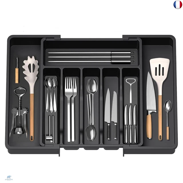 Tiroir à Couverts Extensible Jusqu'à 57 Cm, Rangement Compact En Plastique Pour Cuillères, Fourchettes Et Couteaux, Blanc - Maison Tiroir à Couverts Extensible Jusqu'à 57 Cm, Rangement Compact En Plastique Pour Cuillères, Fourchettes Et Couteaux, Blanc - Maison