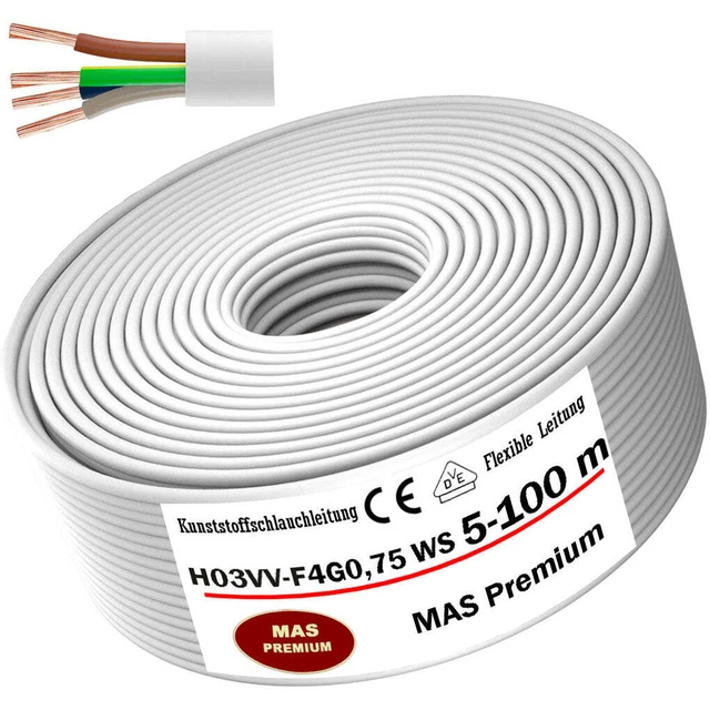 Van 5 tot 100 m kunststof slangleiding H03VV-F 2G0,75 wit flexibele