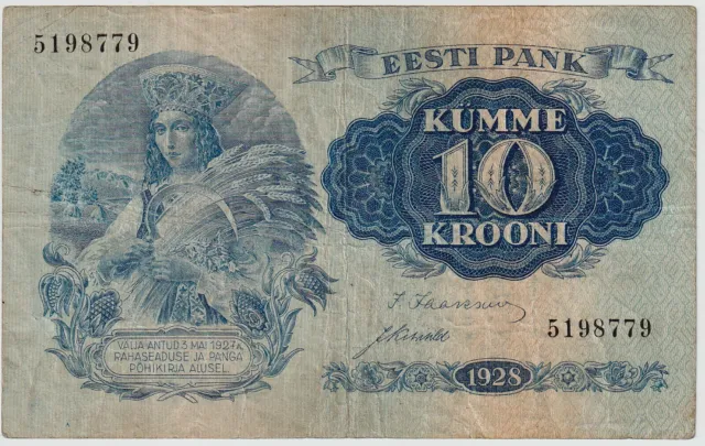 Estonia 10 Krooni Banknote 1928 Very Fine-20 Pick#63-A "Woman National Dress"