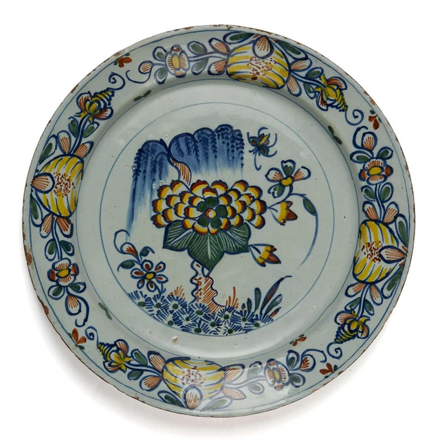 Large Antique Delft Polychrome Pottery Floral Dish 18Th Century