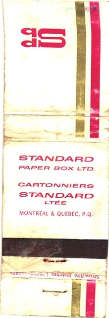 Montreal Quebec Canada Standard Paper Box Ltd., Vintage Matchbook Cover