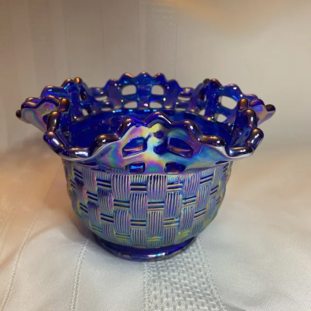 Vtg Fenton Iridescent Cobalt Blue Carnival Glass Bowl Ruffled Edge Basket Weave