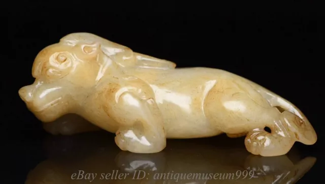 3.8" Old Chinese Natural Hetian Jade Nephrite Unicorn Beast Statue Sculpture