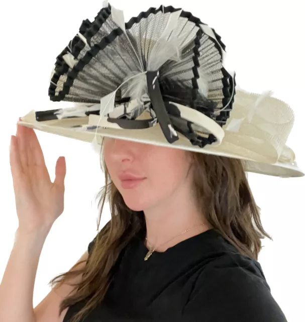 Very Large Ladies Occasion Hat Cream Black Wedding Races Ascot Formal MOTB