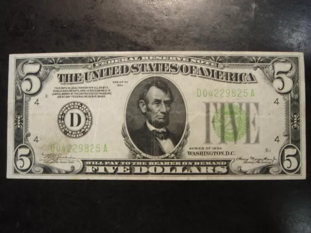 1934 $5 Federal Reserve Note D Cleveland Vivid Lime Green Seal VF