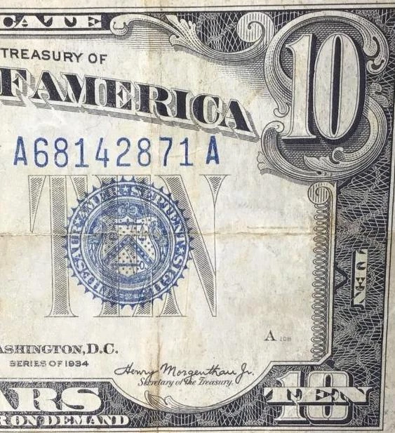 1934 $10 "Blue TEN" SILVER Certificate X2871! Paper Money Currency! FINE!