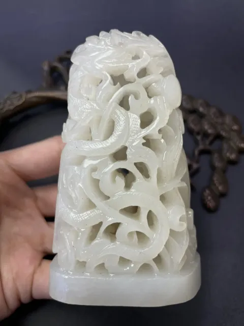 Chinese Exquisite Handmade Dragon Phoenix carving Hetian Jade Statue