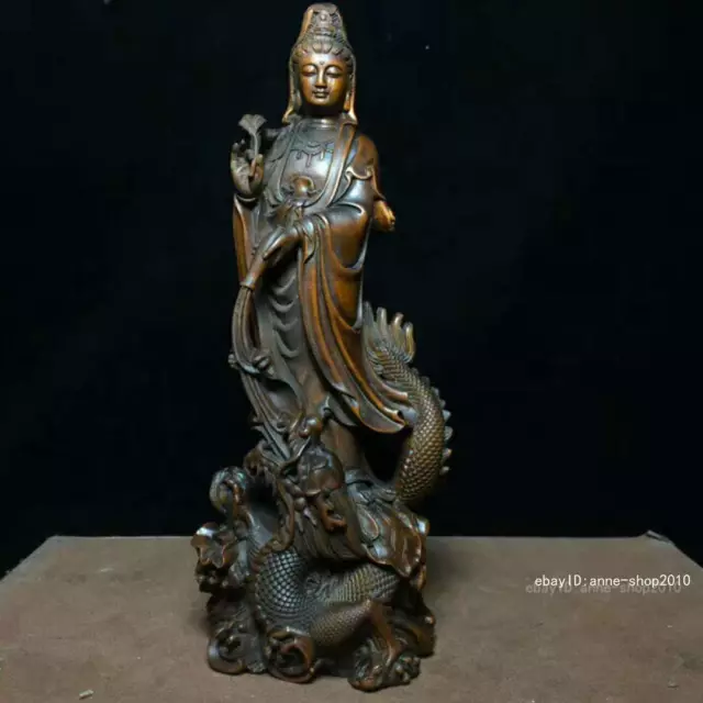 6.4" Chinese Old Boxwood Wood Hand carving Kwan-Yin Buddha wood Statue QQQ