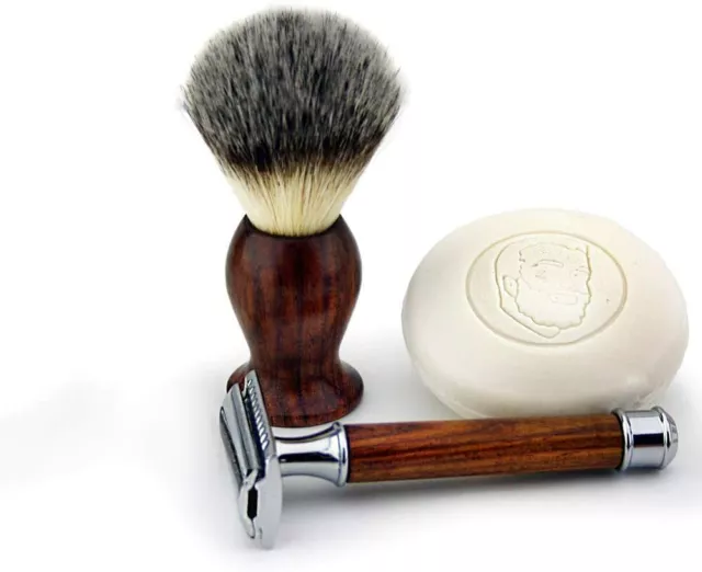 Haryali London Wooden 3Pc Mens Shaving Kit DE Safety Razor with Synthetic Brush