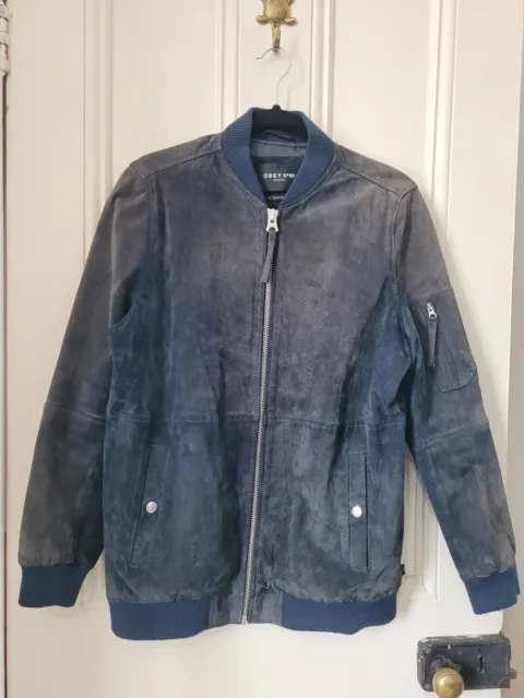 *CLEAN REQUIRED* OBEY Men Blue Suede Pilot Bomber Leather Jacket Size S ...