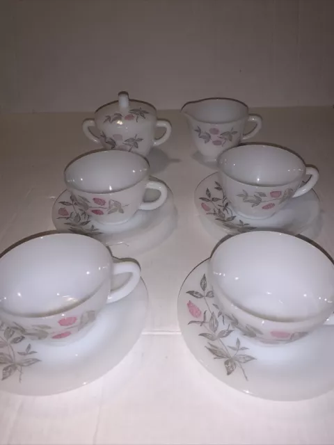 Federal Milk Glass Sugar Bowl  Cream Cups Saucers Grey and Pink Clover Blossom