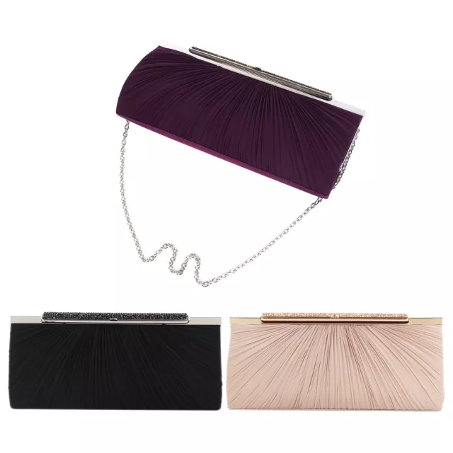 Elegant Pleated Satin w/ Crystal Top Hard Frame Clutch Evening Bag - Diff Colors