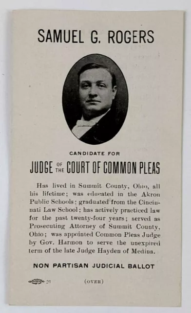 1910 Summit County Akron Samuel Rogers Judge Court of Common Pleas Political Ad