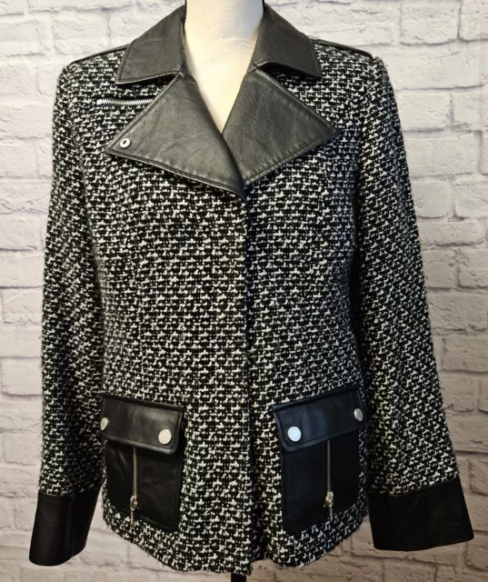 Bradley Bayou Womens Jacket Black White Wool Blend Tweed Leather Trim Size XS