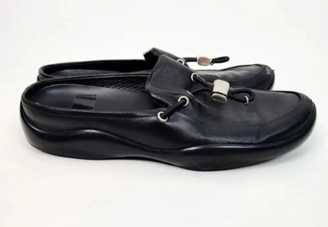 Prada Black Leather Made/Italy Mens Clog Mules Sneaker Loafers Sz 37.5/US 7