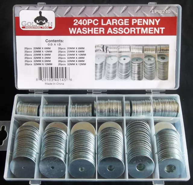 240pc GOLIATH INDUSTRIAL LARGE PENNY FENDER WASHER ASSORTMENT LPW240 NUT BOLT