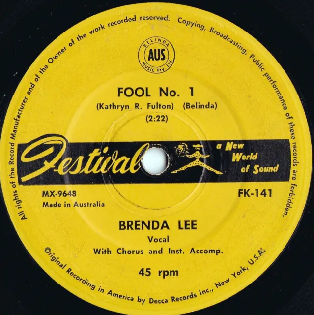 Brenda Lee ORIG OZ 45 Fool No.1 VG+ '61 Festival FK141 Country Ballad