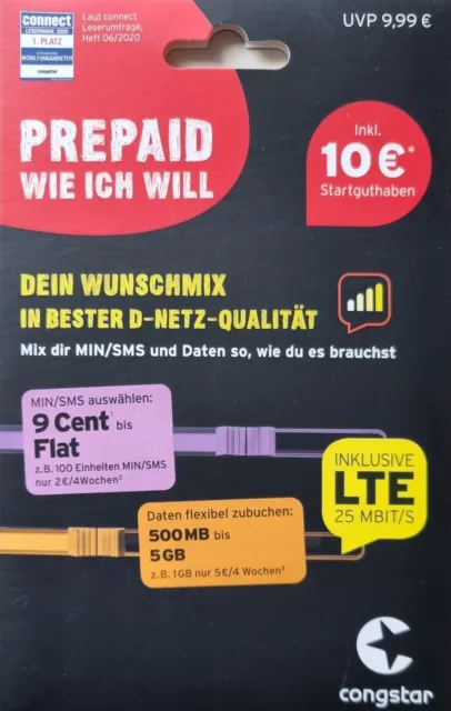 0170 Vorwahl | Congstar Prepaid wie ich will SIM Karte -  LTE | Telekom | D1
